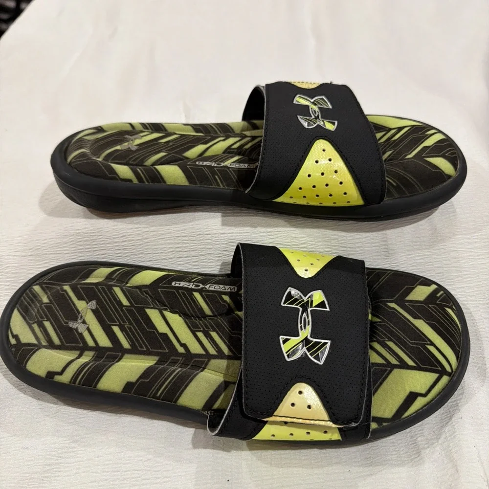 Under Armour Slides Hook And Loop Closure Foam Soles Black And Yellow Size 8‎
